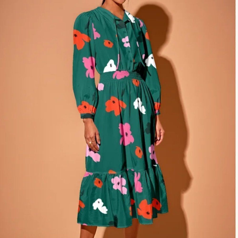Tucker Juliette Dress Emerald Painted Poppies in Silk Crepe de Chine
